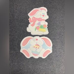 Set of 2 VINTAGE 1980 Pastel Easter Flocked Easter Bunnies/Eggs EUREKA Die Cut